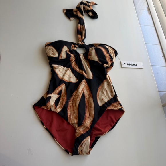 DKNY Women's Standard Halter Ring Painted Leaf One Piece Swimsuit Small - Picture 3 of 7
